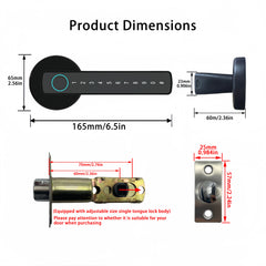 Dimensions of a door handle and lock mechanism on a white background