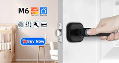 Smart door handle being used with a hand, surrounded by logos and text on a white door.