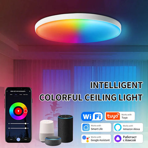 "Tuya Smart WiFi Ceiling Light – 24W RGB Circular Ambient Lamp, App Control, Alexa & Google Home Compatible for Bedroom & Home Decor"