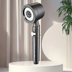 Shower head on a white pedestal with a neutral background