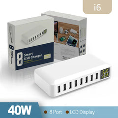 A white 8-port USB fast charger with LED display showing charging status and power usage, branded IEGO.
