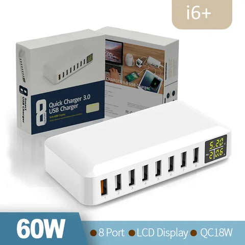 60W 8-Port USB Fast Charger QC3.0 Hub