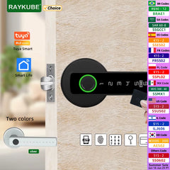 Digital door lock with RAYKUBE branding and various certification logos on a wooden door.