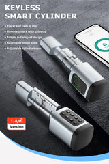 Keyless smart cylinder with Tuya Version logo on a dark background