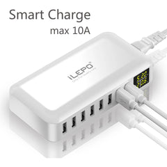A white 8-port USB fast charger with LED display showing charging status and power usage, branded IEGO.