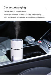 Car air conditioning device in a car's cup holder with text about usage time and features.