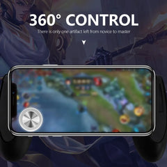 Phone screen displaying a game with a hand holding a gaming controller, and text '360° Control' on a blurred background.