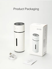 White portable humidifier with packaging and accessories on a light gray background