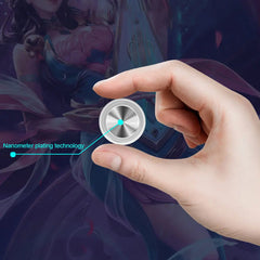 Hand holding a metallic object with a fantasy-themed background