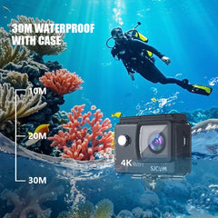 Diver underwater with SJCAM camera, coral reef, and text about waterproof capability.