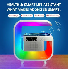 Multifunctional device with colorful lights, Bluetooth speaker, timed alarms, and wireless charging on a blue background.