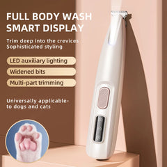 Pet grooming tool with features listed on a brown background
