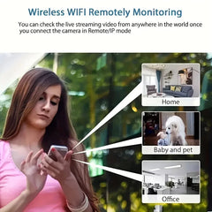 Woman using a smartphone with wireless WiFi remotely monitoring features displayed.