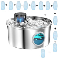 Stainless steel water fountain with blue filters on a white background