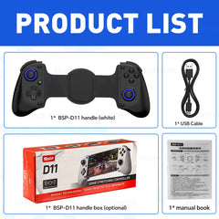 Product list with gaming controller, USB cable, box, and manual book on a blue background.