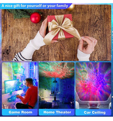 Person opening a gift with a gold bow on a wooden table, surrounded by images of a man using a computer, a home theater setup, and a car ceiling projection.
