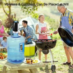 Wireless water dispenser on a picnic table with people grilling in the background
