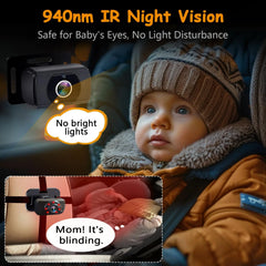 Baby in a car seat with night vision camera and text about safety for baby's eyes.