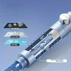 Water filter with filtration process diagram on a blue background