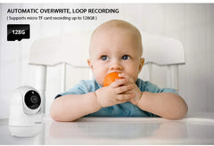 Baby sitting in a high chair with an orange toy, next to a camera with text about automatic overwrite and loop recording.