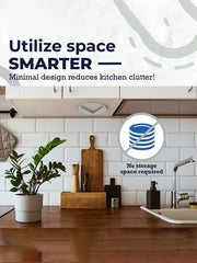 Modern kitchen with minimal design elements and text about utilizing space smarter.