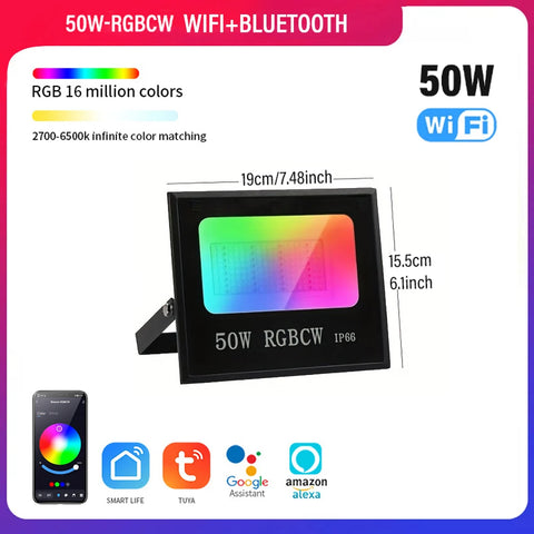 "Outdoor Smart RGBCW Floodlight – 16 Million Colors, Adjustable Color Temperature, Wi-Fi & Wireless Control for Patio Lighting"