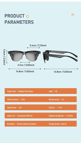 Product parameters of intelligent solar sunglasses with specifications and dimensions.