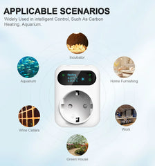 Smart socket with digital display on a light blue background, showing applicable scenarios like carbon heating, aquarium, and home furnishing.