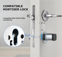 Door lock mechanism with text indicating compatibility with EURO profile lock mortise.