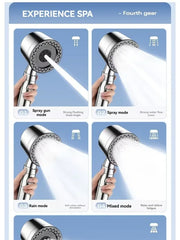 Handheld shower head with various spray modes on a blue background