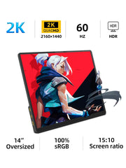 "ZSUS 14'' 2K Portable Monitor – 2160×1440 Resolution, 60Hz Display for Laptop, Xbox, PS4/PS5, Switch, TV Box, PC, and Mobile Devices"