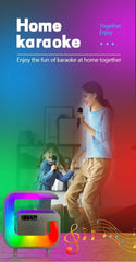 Home karaoke system with a woman and child singing, colorful gradient background
