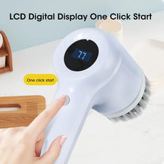 Handheld cleaning brush with digital display and 'One Click Start' button on a light background
