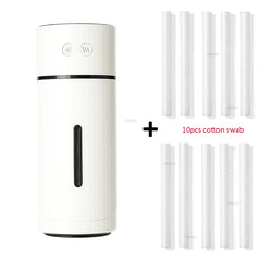White electronic device with black accents and 10 cotton swabs on a white background