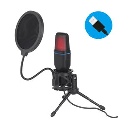 Studio microphone with pop filter and USB cable icon on a white background