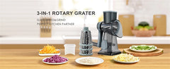 3-in-1 rotary grater on a kitchen counter with various foods being grated.