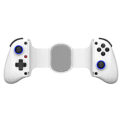 White gaming controller with black and blue buttons on a white background