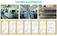 Factory production line with workers and quality certification certificates.