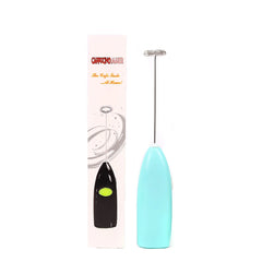 Turquoise milk frother with black accents and a green accent on a white background