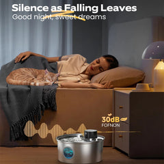 Woman sleeping with a cat on a bed next to a 30dB FOFNON device, with text 'Silence as Falling Leaves' and 'Good night, sweet dreams'.