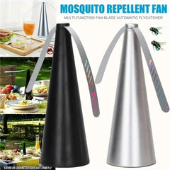 Black and silver mosquito repellent fans with outdoor setting background
