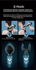 Massage gun with different heads and text on a dark background