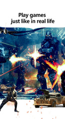 Action-packed scene with characters in a futuristic setting, likely from a video game, with text 'Play games just like in real life'.