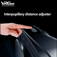 Hand adjusting an interpupillary distance (IPD) slider on VRG Pro virtual reality glasses.