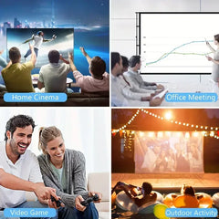 Collage of four scenes showing different uses of a projector: home cinema, office meeting, video game, and outdoor activity.