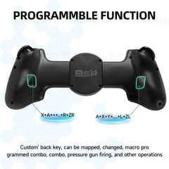 Black gaming controller with labeled buttons and RSP branding on a light blue background.