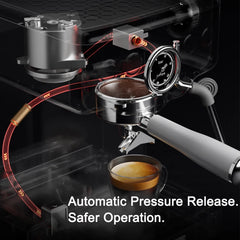 Espresso machine with automatic pressure release feature on a dark background