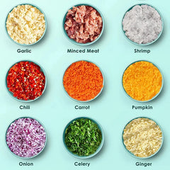 Assorted ground ingredients in small bowls on a light blue background