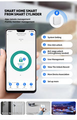 Smart home app on a smartphone with features listed and a smart cylinder in the background.