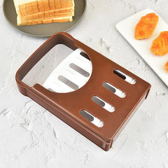 Brown plastic tray with cut-out sections on a light gray surface with food items in the background.